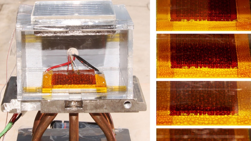 The water procuring device (left) and a series of images showing accumulating droplets (right)