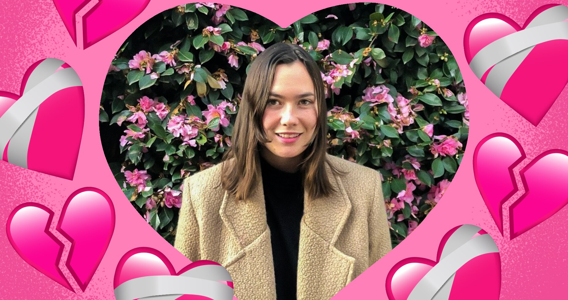 Caitlin surrounded by broken hearts imagery