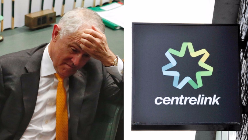 Composite image of Malcolm Turnbull scratching his head (left) and Centrelink sign (right)