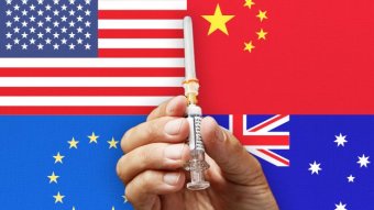 The flags of the Us, China, the EU and Australia tiled behind a hand holding a syringe.