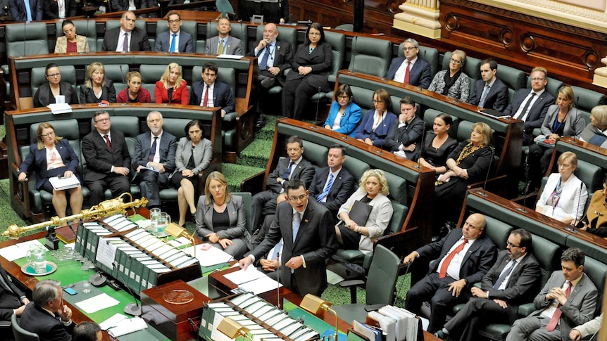 Daniel Andrews speaks in Victorian Parliament as Labor MPs sit behind him on May 24, 2017.