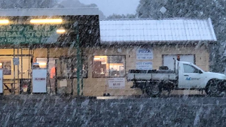 Snow falls at Great Lake Hotel, Tasmania, January 31, 2018.