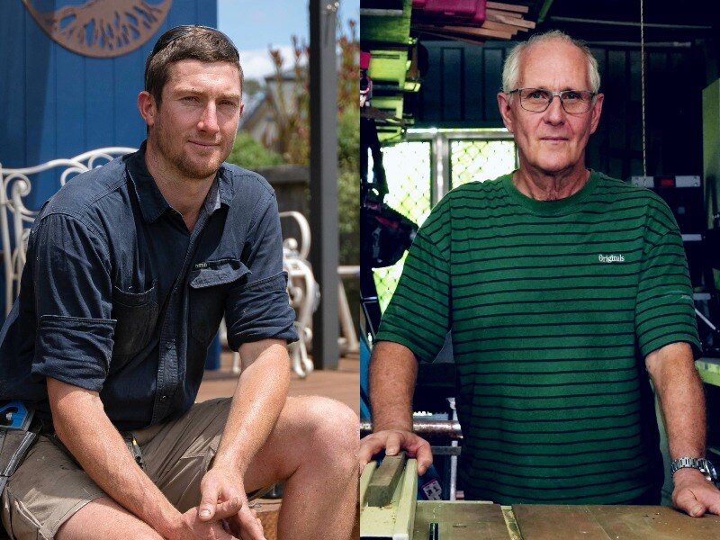 An image of a man in his 30s sitting on a wooden deck, next to an image of man in his 60s in a workshop