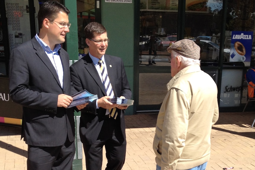 Canberra Liberals Zed Seselja and Brendan Smyth make their pitch to voters at Lanyon Marketplace.