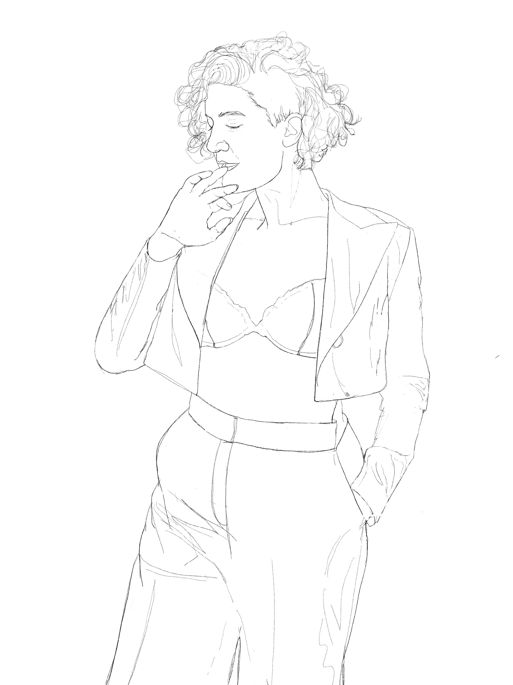 A digital sketch in black and white of a woman with curly hair wearing a bra and an open suit jacket.