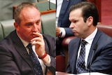 A composite image of Barnaby Joyce (left) and Matt Canavan (right), both sitting in parliament.