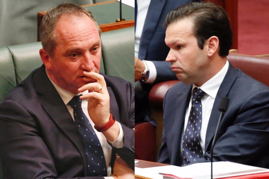 A composite image of Barnaby Joyce (left) and Matt Canavan (right), both sitting in parliament.