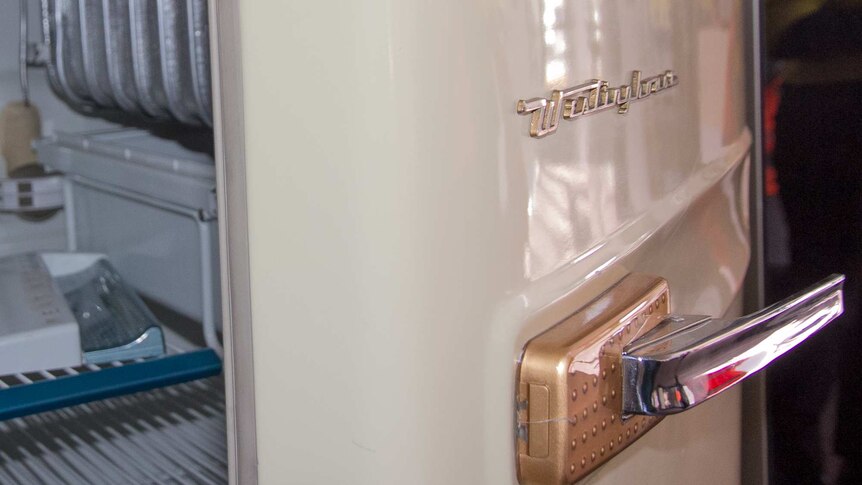 Close up of the door of an old westinghouse fridge