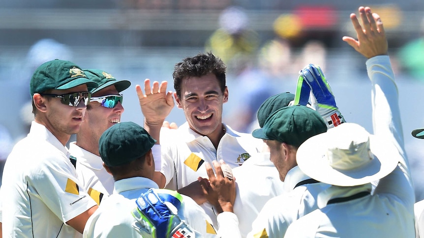 Mitchell Starc surrounded by teammates after taking the wicket of Du Plessis