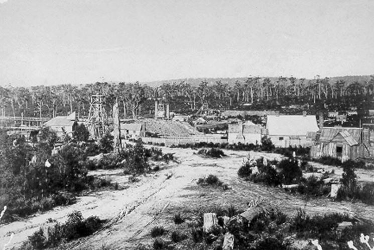 Black and white photo of historic mining town Mathinna in Tasmania