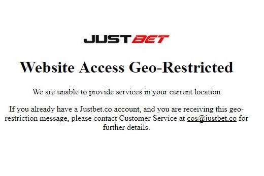 A screenshot of the Justbet sports betting website which says 'Website Access Geo-Restricted'.
