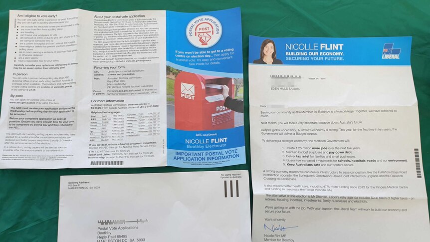 The postal vote application pack sent through to a voter in the seat of Boothby