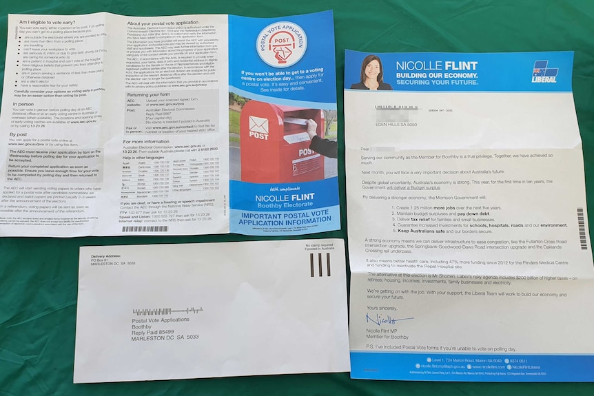 The postal vote application pack sent through to a voter in the seat of Boothby