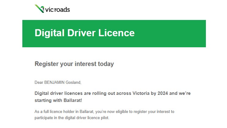 A screenshot of an email from VicRoads