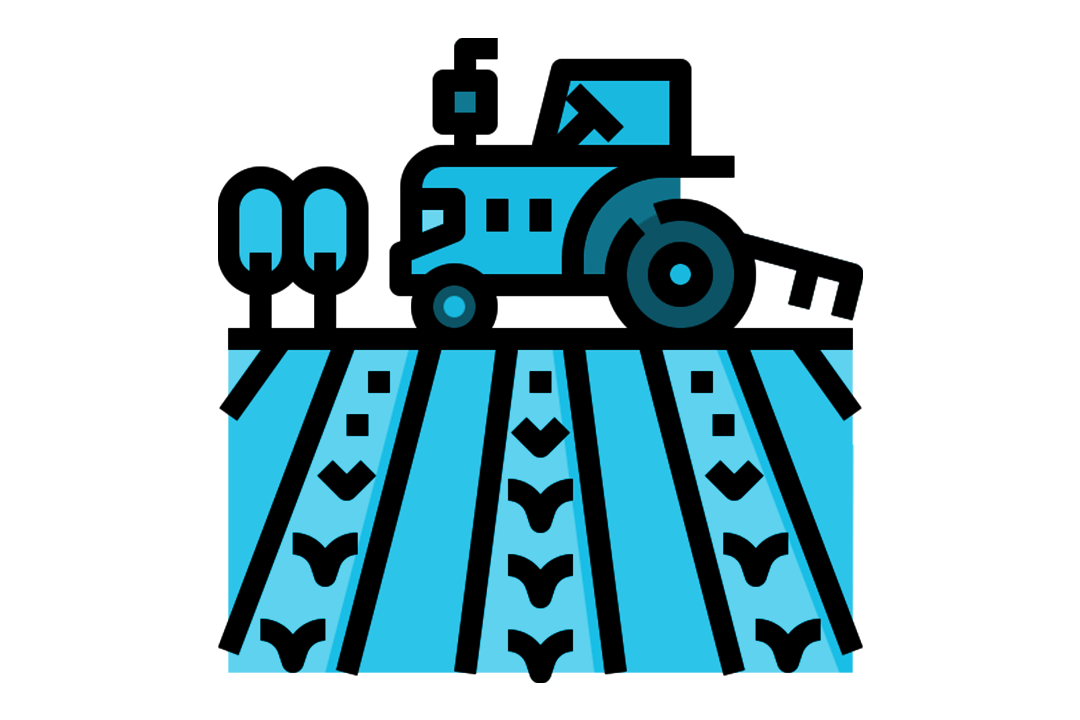 A blue graphic of a tractor in a field