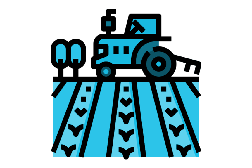 A blue graphic of a tractor in a field
