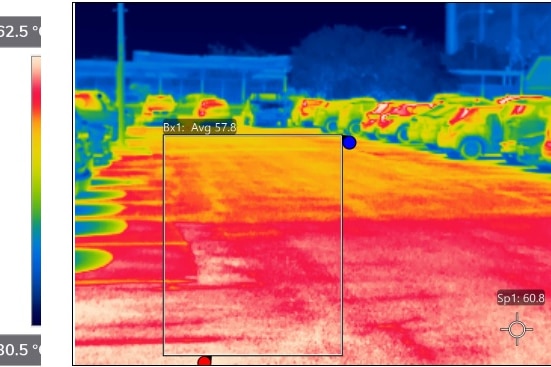 RGB image showing red hot bitumen in a car park.