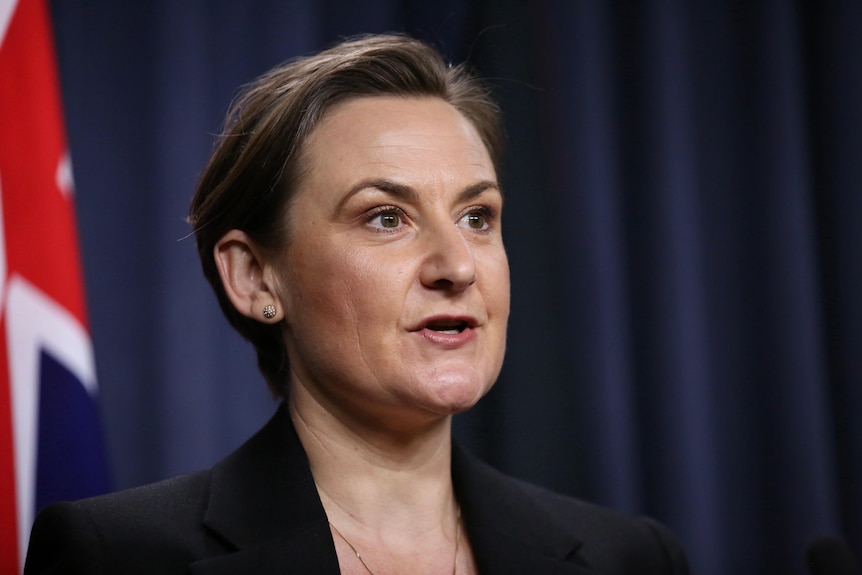 A tight head and shoulders shot of WA Health Minister Amber-Jade Sanderson speaking at a media conference.