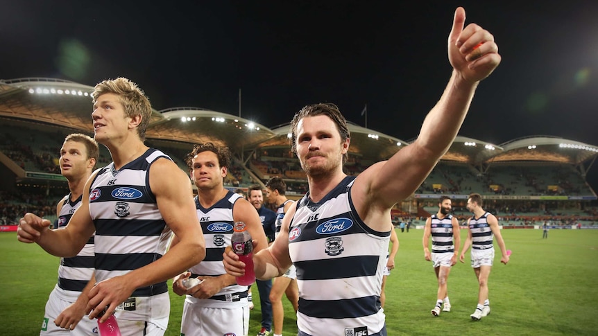 Geelong's Patrick Dangerfield acknowledges the crowd after Cats defeat the Crows at Adelaide Oval.