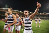 Geelong's Patrick Dangerfield acknowledges the crowd after Cats defeat the Crows at Adelaide Oval.