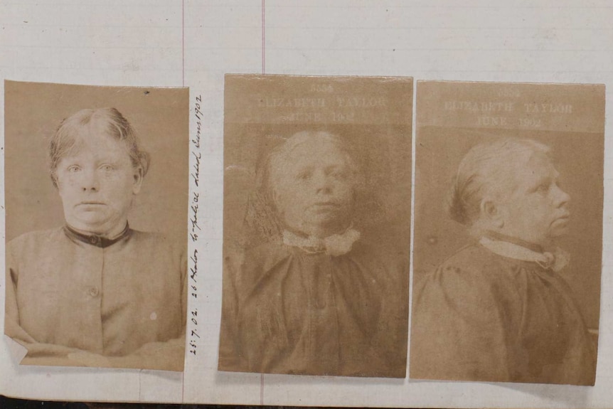 Three historical mugshots of a woman, in sepia tone, on a court record.