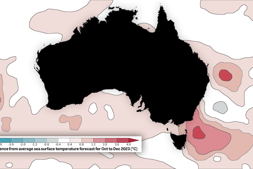 a map of Australia with patches of different shades of red in the ocean