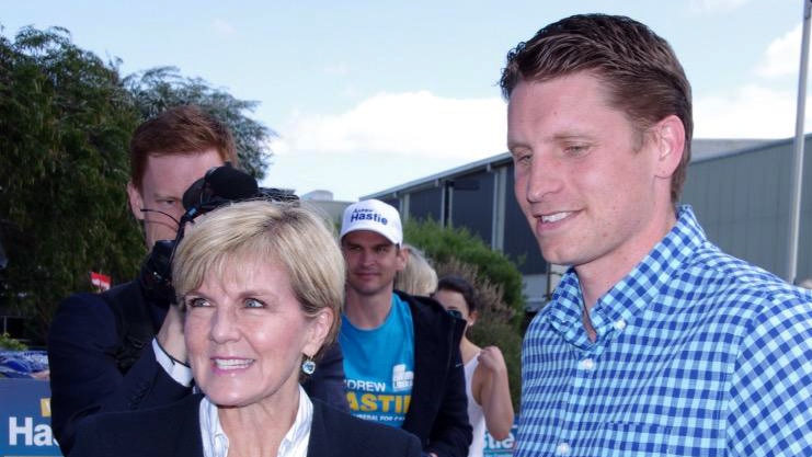 Deputy Leader and Foreign Minister Julie Bishop and Liberal candidate Andrew Hastie at Kelmscott polling station for the Canning by-election