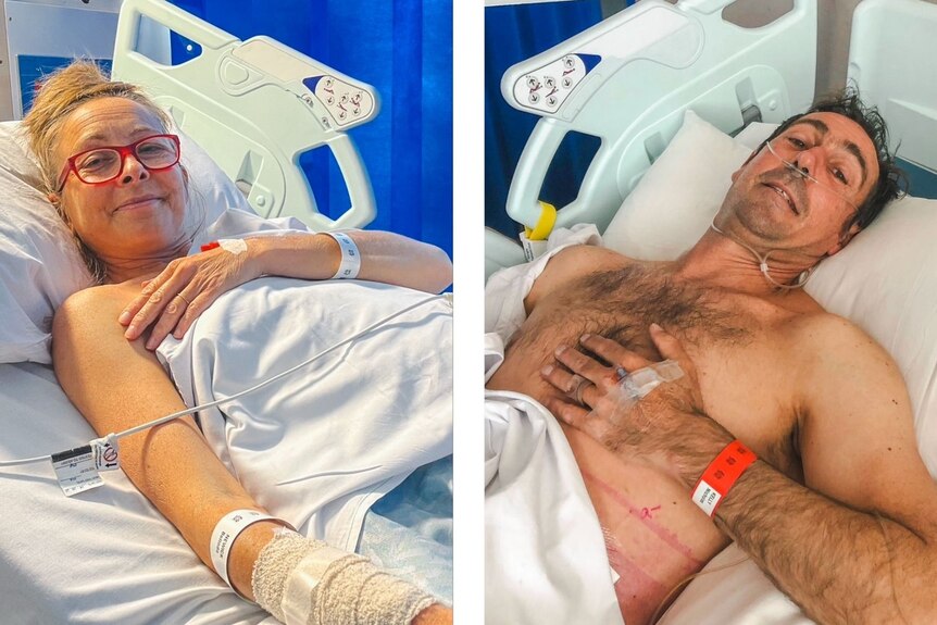 A composite image of two people lying in hospital beds. 