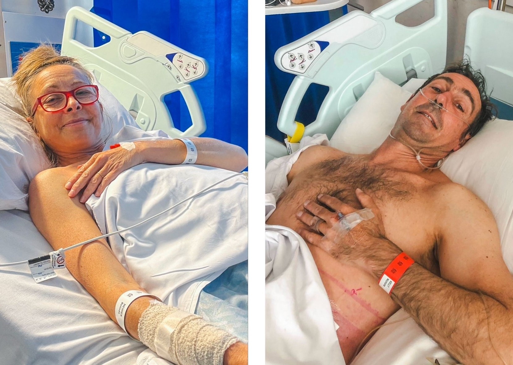 A composite image of two people lying in hospital beds. 