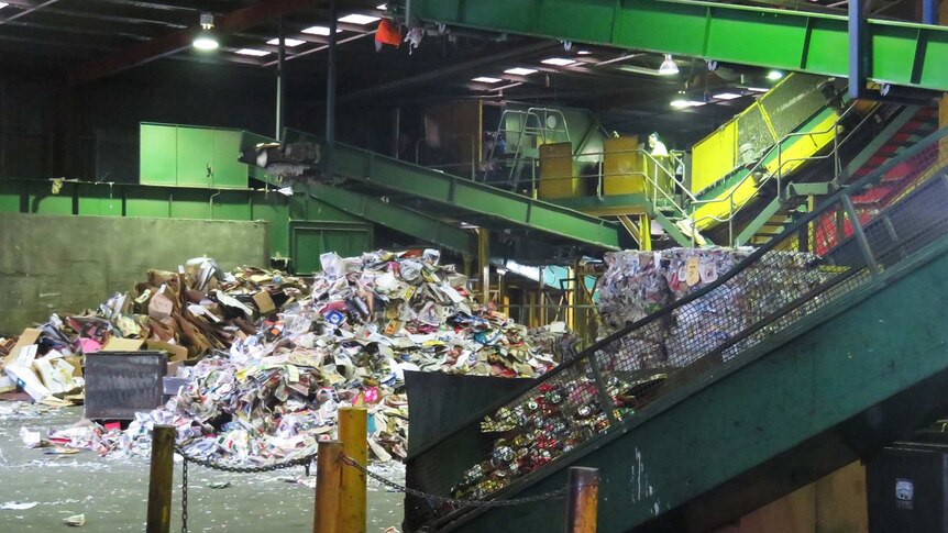Dumping point for items at the SKM material recycling facility, Derwent Park, Hobart.