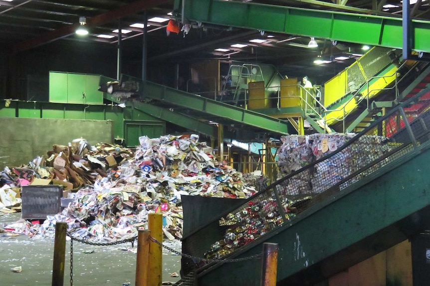 Dumping point for items at the SKM material recycling facility, Derwent Park, Hobart.