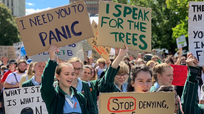 Students hold signs saying "I speak for the trees" and "I need you to panic" as part of climate change rallies in hobart