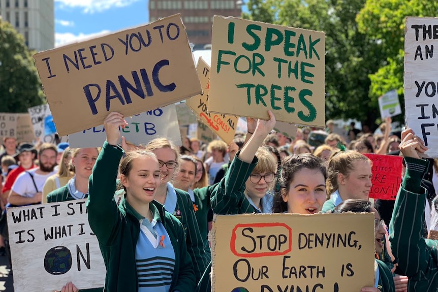 Students hold signs saying "I speak for the trees" and "I need you to panic" as part of climate change rallies in hobart