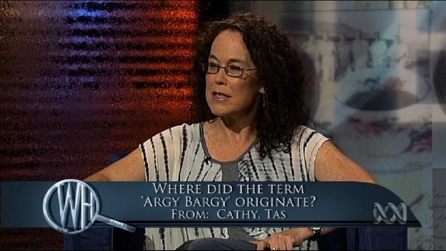 Presenters sit on set, text overlay reads "Where did the term 'Argy bargy' originate?"