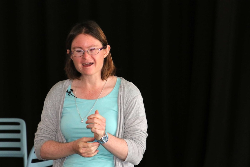 Mid shot of Julia Hales rehearsing her Perth Festival show You Know We Belong Together.