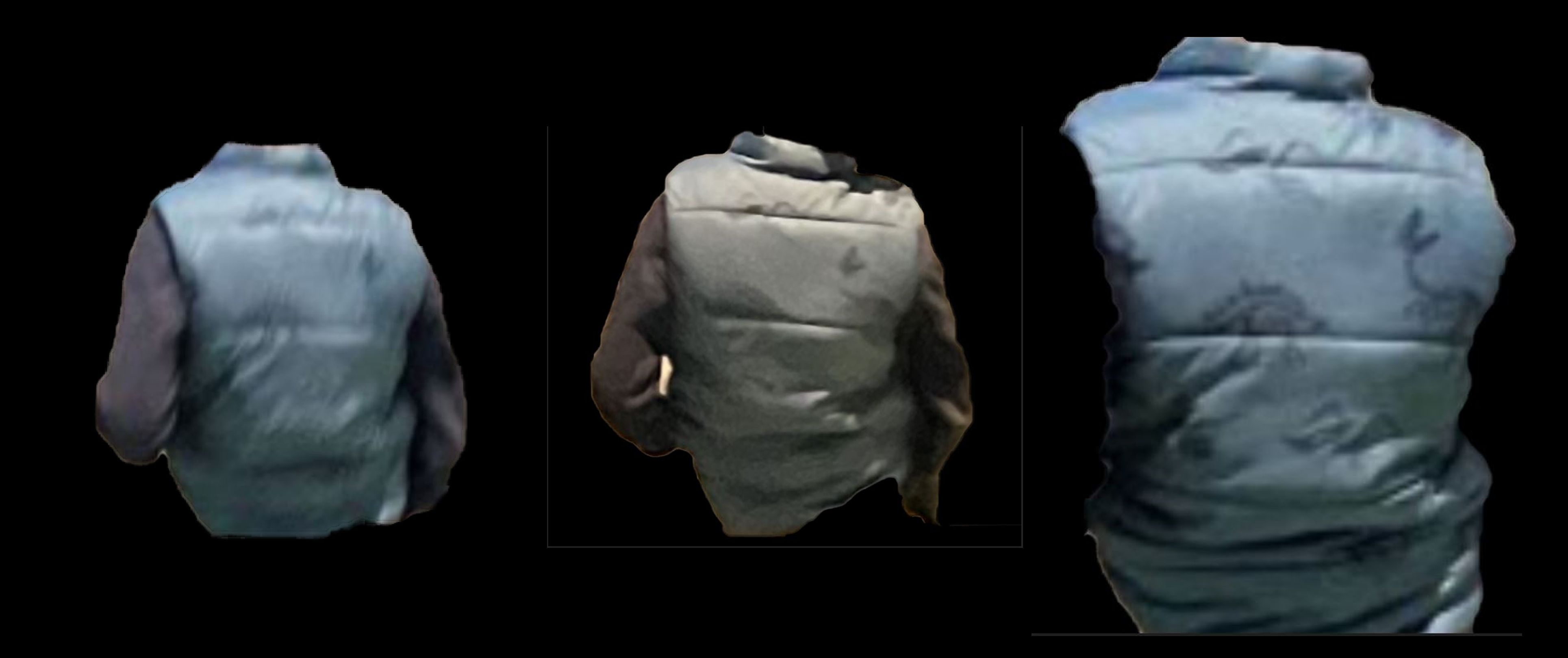 A compile image of three puffer vests with a dinosaur print.