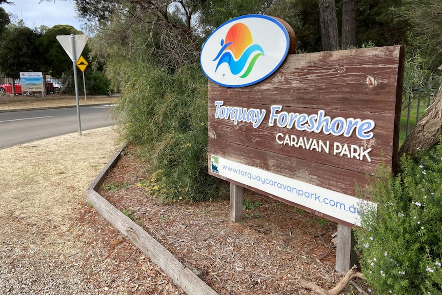 The entry sign to the Torquay Foreshore Caravan Park