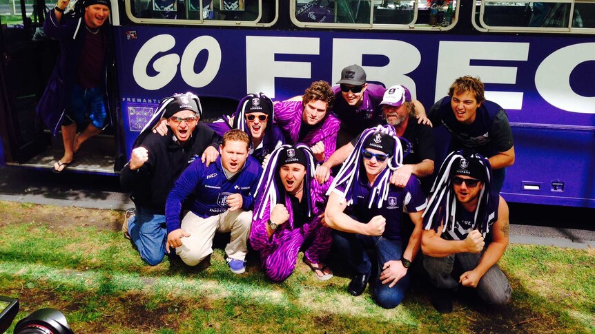 Fremantle fans outside bus that travelled from Fremantle to Melbourne.