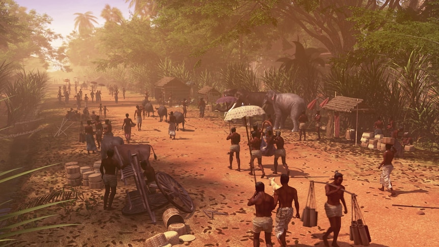 An image from Virtual Angkor shows a typical street scene with local people and traders