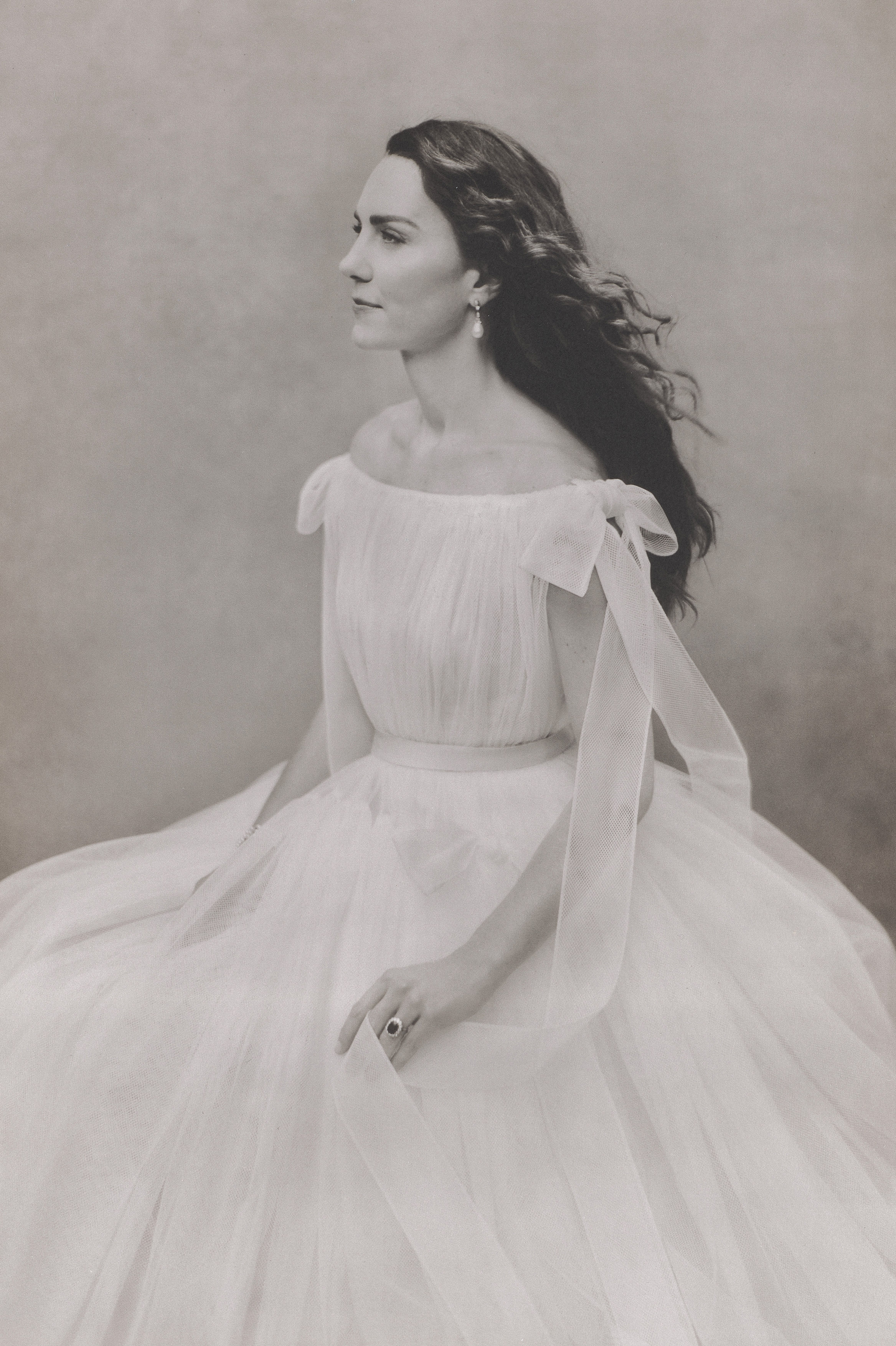 A black and white image taken of the Princess of Wales in 2021 with her in a dress 