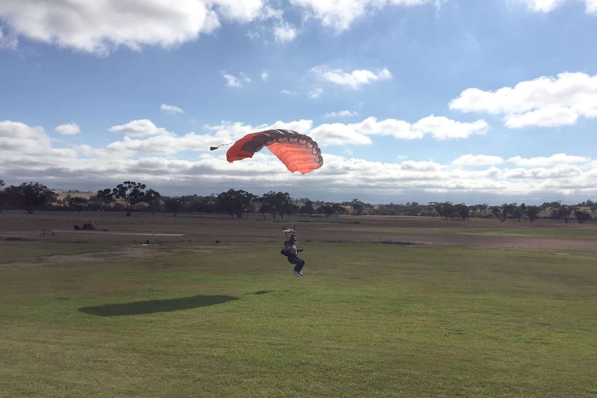 A skydiver with a red parachute lands on grass.