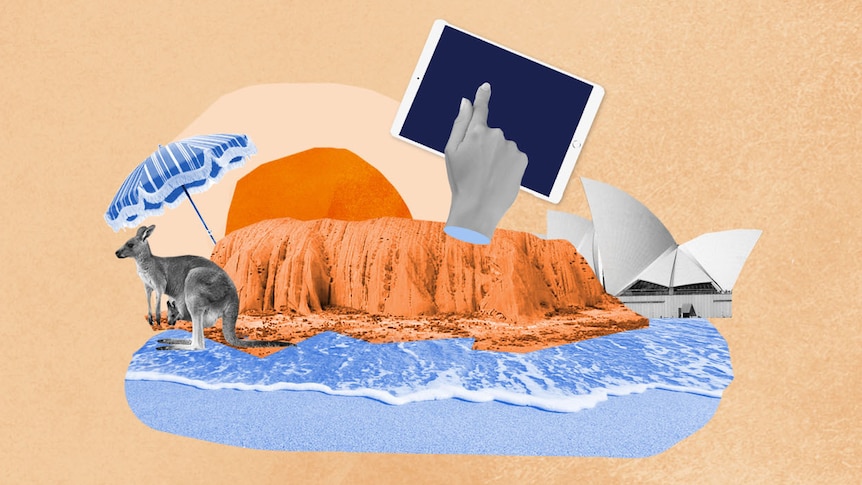 vector graphics jumbled together including a kangaroo, uluru, a tablet computer, the opera house and a beach umbrella