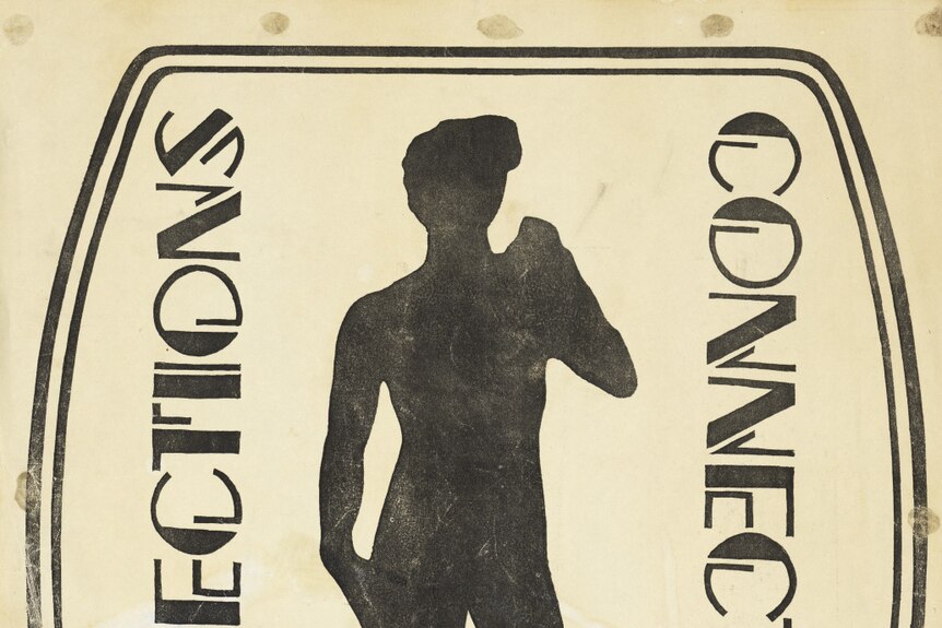 A logo for Connections nightclub featuring a silhouette of Michaelangelo's statue of David. 