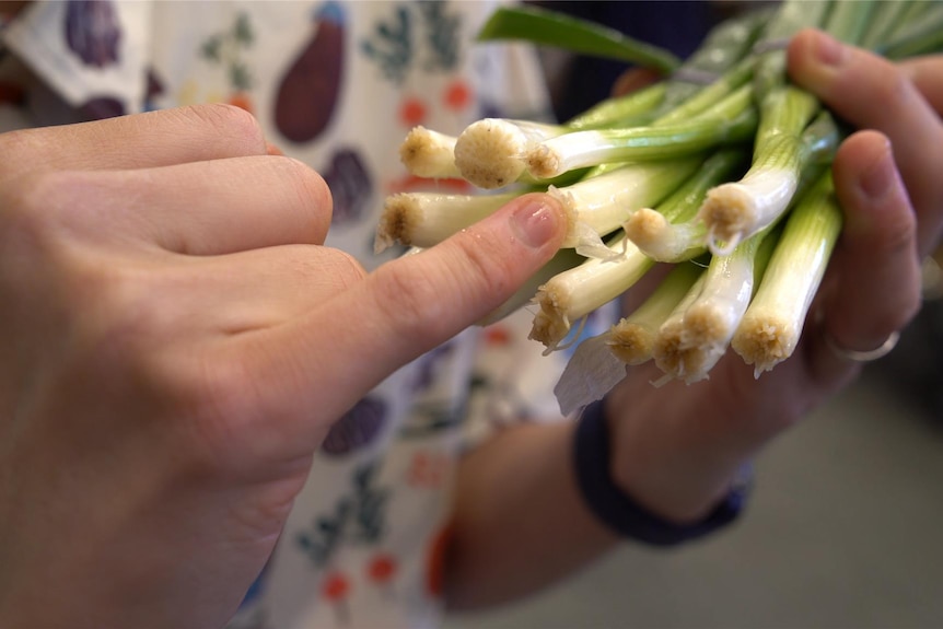 A man's hands are seen, one holding a bunch of spring onions to show the ends. His pinky on the other hand presses against one.