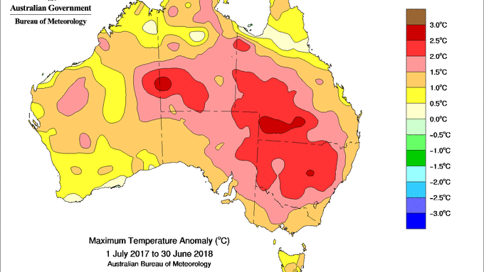 Map of Australia with big red patches of much of the inland from WA border east, indicating over 1.5 above normal