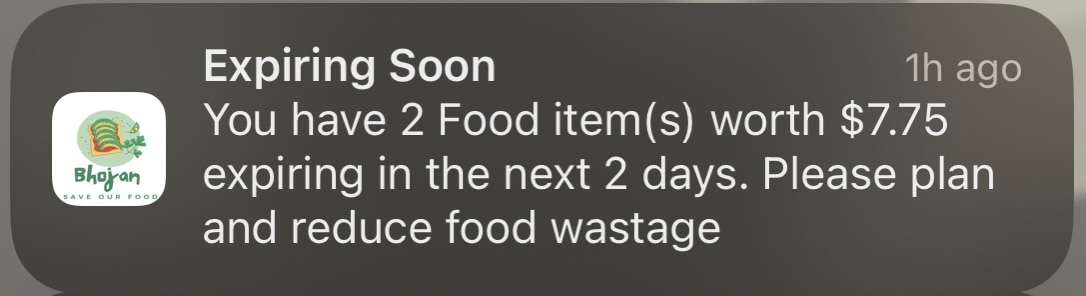 An iphone notification from a food waste app