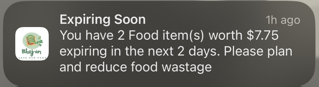 Une notification iPhone provenant d'une application de gaspillage alimentaire