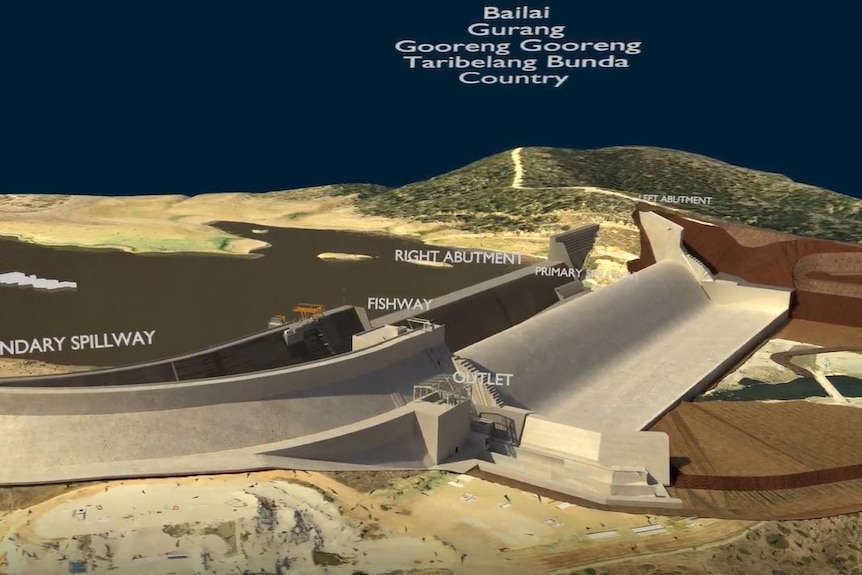 Artist rendering of a dam wall wrapping around and older dam wall