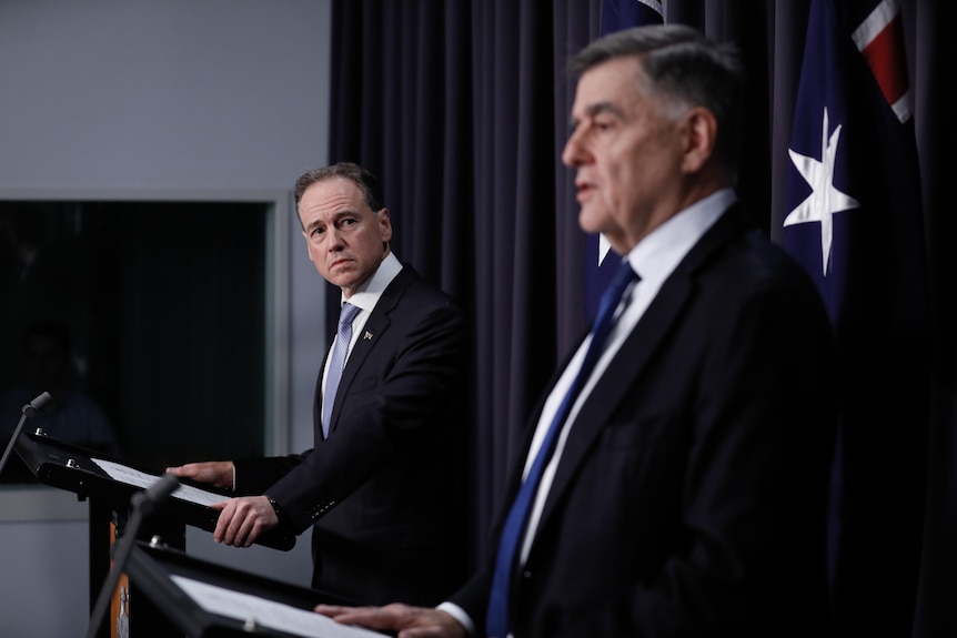 Two men with grey hair wearing dark suits and blue ties stand behind a podium in front of a blue curtain and australian flag