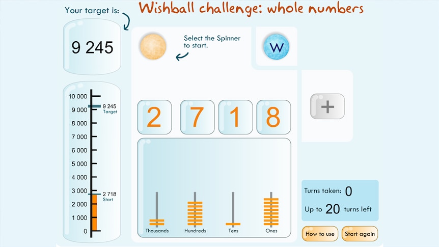 Screenshot of Wishballs challenge game, text reads "Wishball challenge: whole numbers"